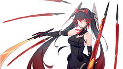  bad_id bad_pixiv_id bare_shoulders black_dress black_gloves dress elbow_gloves female floating floating_object floating_weapon gloves hair_between_eyes hair_ornament headband highres holding holding_sword holding_weapon huang_(volt0526) long_hair looking_at_viewer lucia:_dawn_(punishing:_gray_raven) lucia_(punishing:_gray_raven) punishing:_gray_raven red_hair simple_background sleeveless sleeveless_dress solo sword twintails weapon white_background yellow_eyes 