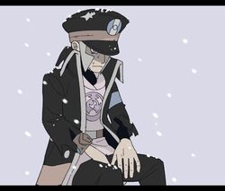  1boy belt belt_buckle black_coat black_hat black_pants brown_belt buckle closed_mouth coat commentary frown grey_background grey_eyes grey_hair hands_on_own_thighs hat high_collar highres ingo_(pokemon) invisible_chair jaho letterboxed long_sideburns male_focus pants peaked_cap pearl_clan_outfit pokemon pokemon_legends:_arceus short_hair sideburns sitting snow snowing solo torn_clothes trench_coat 