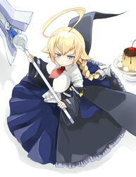  ahoge bana_(stand_flower) blazblue blonde_hair blue_eyes blush braid breasts cherry dress es_(xblaze) female food frilled_dress frills fruit highres holding holding_sword holding_weapon huge_ahoge huge_weapon large_breasts necktie petticoat pudding red_necktie shadow single_braid solo sword v-shaped_eyebrows weapon xblaze xblaze_code:_embryo 