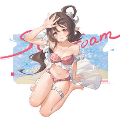  absurdres animal_ears arknights arm_over_head arm_support arm_up barefoot bikini breasts brown_hair cleavage collarbone dalimao english_text eyjafjalla_(arknights) eyjafjalla_(summer_flower)_(arknights) female frilled_bikini frills highres horns looking_at_viewer medium_breasts off-shoulder_bikini off_shoulder official_alternate_costume open_mouth pink_bikini pink_eyes sheep_ears sheep_girl sheep_horns sitting solo swimsuit wariza 