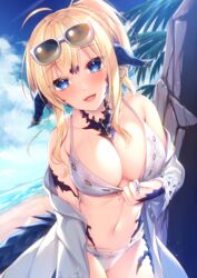  :d au_ra beach bikini blonde_hair blue_eyes blue_sky breasts cleavage cloud cloudy_sky commission day eyewear_on_head female final_fantasy final_fantasy_xiv hair_between_eyes horns jacket large_breasts ocean off_shoulder open_clothes open_jacket original outdoors palm_tree ponytail sand scales skeb_commission sky smile solo sorai_shin&#039;ya sunglasses swimsuit tree warrior_of_light_(ff14) water white-framed_eyewear white_bikini white_jacket 