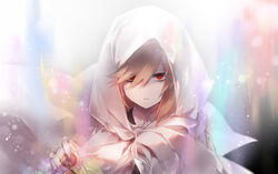  1boy brown_hair cloak collared_shirt harada_mutei highres holding hood hood_up light_brown_hair light_particles looking_at_viewer male_focus parted_lips red_eyes saibou_shinkyoku sanpaku shirt short_hair slit_pupils solo tsumi2112 white_cloak 