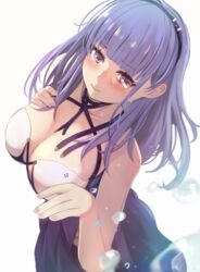  azur_lane bad_id bad_pixiv_id bare_shoulders blush breasts commentary criss-cross_halter dido_(anxious_bisque_doll)_(azur_lane) dido_(azur_lane) dress female hair_ornament hairband halter_dress halterneck highres large_breasts long_dress long_hair looking_at_viewer official_alternate_costume pink_eyes ponyaru purple_dress purple_hair purple_hairband sleeveless sleeveless_dress solo 