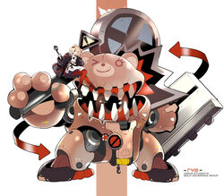  ! absurdres animal_ears arknights arrow_(symbol) bear bear_ears black_jacket blonde_hair candy_hair_ornament character_name chinese_commentary female food-themed_hair_ornament gummy_(arknights) hair_ornament highres holding holding_spatula hook jacket long_sleeves mecha orange_theme photoshop_(medium) road_sign robot shield shinnasuka025 short_hair sign simple_background sitting solo spatula teeth ursus_empire_logo warning_sign white_background winch 