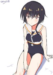  absurdres asymmetrical_hair black_hair black_one-piece_swimsuit breast_cutout brown_eyes female framed_breasts hair_between_eyes highres i-13_(kancolle) kantai_collection neckerchief one-hour_drawing_challenge one-piece_swimsuit robinson_(day_l_full) sailor_collar school_swimsuit shirt short_hair simple_background sitting sleeveless sleeveless_shirt solo swimsuit twitter_username white_background white_neckerchief white_sailor_collar 