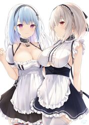  2girls anchor_symbol apron azur_lane black_dress blue_hair breasts cleavage clothing_cutout collar cosplay costume_switch dido_(azur_lane) dress highres kiri_celea large_breasts long_hair looking_at_viewer metal_collar multiple_girls puffy_short_sleeves puffy_sleeves purple_eyes red_eyes short_hair short_sleeves simple_background sirius_(azur_lane) skindentation sleeveless standing thighhighs underboob underboob_cutout waist_apron white_apron white_background white_hair white_thighhighs 