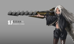  absurdres black_bracelet black_capelet black_shorts blurry bracelet brown_eyes capelet character_name chinese_commentary cilly_mitis closed_mouth commentary_request cowboy_shot dark-skinned_female dark_skin elisa_(girls&#039;_frontline) energy_cannon facial_mark female floating_hair forehead forehead_mark girls&#039;_frontline grey_background gun hair_ornament highres huge_weapon jewelry light_frown long_hair navel outstretched_arm pantyhose pentagram pointing puffy_shorts sangvis_ferri science_fiction serious shorts signature simple_background stomach weapon white_hair 