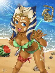  ahsoka_tano alien alternate_skin_color animification b1_battle_droid beach bikini blue_eyes breasts covered_nipples dark-skinned_female dark_skin droid energy_sword female food fruit fuji_shuuji green_bikini green_lightsaber highres holding_lightsaber lightsaber marine_day ocean open_mouth outdoors sand star_wars star_wars:_the_clone_wars swimsuit sword togruta water watermelon weapon 