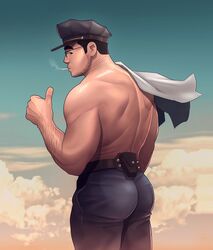  1boy arm_hair ass back bara belt black_belt black_hair black_pants cigarette cloud day facial_hair glasses hat highres looking_back male_focus muscular muscular_male nerdyart1 original outdoors pants police police_hat police_uniform shirt shirt_on_shoulders short_hair sky smoke smoking solo taut_clothes taut_pants thick_eyebrows thumbs_up topless_male uniform unworn_shirt white_shirt 