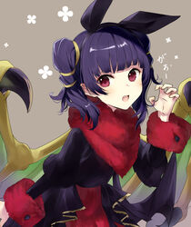  alternate_costume animal_ears black_dress black_hairband claw_pose commentary_request dress fake_animal_ears female fire_emblem fire_emblem:_the_sacred_stones fire_emblem_heroes fur-trimmed_sleeves fur_trim green_wings grey_background hairband halloween halloween_costume hand_up haru_(nakajou-28) highres long_sleeves looking_at_viewer myrrh_(fire_emblem) myrrh_(halloween)_(fire_emblem) oerba_yun_fang official_alternate_costume open_mouth puffy_long_sleeves puffy_sleeves purple_hair rabbit_ears red_eyes simple_background solo twintails wings 