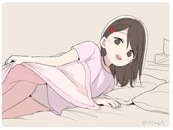  bed blanket blush border brown_eyes brown_hair commentary female ganaishoten hair_ornament hairclip head_rest holding holding_blanket indoors kinugawa_sana lifting_covers lying md5_mismatch medium_hair on_bed on_side open_mouth original panties pantyshot pillow pink_shirt resolution_mismatch shirt smile solo source_smaller t-shirt tissue_box underwear white_border white_panties 