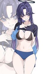  ass_visible_through_thighs black_bra blue_archive blue_jacket blush bra breast_suppress breasts buruma cleavage clothes_lift collarbone commentary cowboy_shot female halo highres jacket lanyard lifting_own_clothes lips long_hair looking_at_viewer mechanical_halo medium_breasts mismatched_underwear navel off_shoulder official_alternate_costume open_mouth parted_bangs ponytail purple_eyes purple_hair shirt_lift short_sleeves smile solo sticker_on_face stomach sweat torakami14 underwear white_background yuuka_(blue_archive) yuuka_(track)_(blue_archive) zoom_layer 