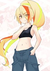  black_sports_bra blonde_hair blood blood_on_face blue_overalls blush breasts closed_mouth female hair_over_one_eye highres izumikuma light_green_hair long_bangs long_hair looking_at_viewer midriff multicolored_hair nikaidou_saki orange_hair overalls ponytail scar scar_on_face simple_background solo sports_bra streaked_hair underwear very_long_hair zombie_land_saga 