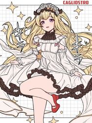  bare_shoulders blonde_hair blush breasts cagliostro_(granblue_fantasy) character_name dotted_line dress female flower granblue_fantasy grid_background hair_flower hair_ornament high_heels highres ll_0109 long_hair long_sleeves looking_at_viewer open_mouth purple_eyes red_footwear small_breasts smile solo sparkle thighs two_side_up very_long_hair white_dress 