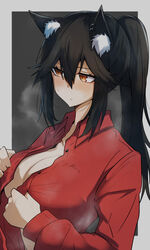  animal_ear_fluff animal_ears arknights black_background black_hair blush breasts cleavage closed_mouth collared_shirt commentary dress_shirt ear_piercing embarrassed female gin_moku grey_background hair_between_eyes half_updo highres large_breasts long_hair long_sleeves official_alternate_costume orange_eyes piercing ponytail red_shirt shirt sidelocks simple_background solo steaming_body sweat sweatdrop texas_(arknights) texas_(willpower)_(arknights) two-tone_background unbuttoned upper_body wing_collar wolf_ears 