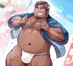  1boy bara bare_pectorals belly bulge confetti cow_boy cow_horns cowboy_shot dark-skinned_male dark_skin dutch_angle facial_hair fat fat_man festival fundoshi goatee happi horns japanese_clothes jewelry large_pectorals long_sideburns male_focus male_underwear muscular muscular_male navel necklace nipples pectorals short_hair sideburns smile solo stomach suv_(suv032) tetsuox_(housamo) thick_eyebrows thick_thighs thighs tokyo_afterschool_summoners underwear very_dark_skin white_male_underwear 