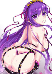  absurdres ass back bare_shoulders bb_(fate) bb_(swimsuit_mooncancer)_(fate) bead_bracelet beads bikini black_garter_belt black_gloves black_shorts blush bracelet breasts closed_mouth clothes_pull earrings fate/grand_order fate_(series) female fingerless_gloves garter_belt gloves hair_ornament hair_ribbon hairband hands_on_own_ass highres jewelry large_breasts long_hair looking_at_viewer looking_back matsurika_(harusutain) micro_shorts neck_ribbon purple_bikini purple_eyes purple_hair ribbon shorts shorts_pull sideboob simple_background smile star_(symbol) star_earrings star_hair_ornament studded_garter_belt swimsuit tongue tongue_out very_long_hair wet white_background 