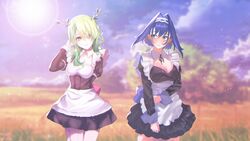  2girls apron blue_hair blush braid braided_bangs breasts ceres_fauna frills garter_straps green_hair hand_in_own_hair highres hololive hololive_english large_breasts looking_at_another looking_at_viewer maid maid_apron medium_breasts medium_hair multiple_girls ouro_kronii shy single_braid sk_jynx skirt virtual_youtuber yellow_eyes 