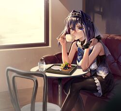  black_gloves black_pantyhose black_thighhighs blue_bow blue_bowtie blue_eyes bow bowtie breasts chain_headband chains chair commentary_typo couch cup female food fruit_tart gloves hair_intakes headband highres holding holding_clothes holding_gloves hololive hololive_english indoors large_breasts leaning_on_table looking_at_viewer on_couch ouro_kronii pantyhose plate santafe99 sitting skirt sleeveless solo striped tart_(food) teacup thighhighs turtleneck unworn_gloves veil virtual_youtuber water 