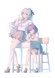  2girls absurdres ahoge black_bow blue_hair bow bronya_zaychik brown_footwear brown_skirt caisena chair commentary desk drill_hair grey_eyes grey_hair hairbow hand_on_another&#039;s_shoulder highres honkai_(series) honkai_impact_3rd loafers long_hair medium_hair multiple_girls neckerchief on_chair pleated_skirt ponytail purple_eyes school_chair school_desk school_uniform seele_vollerei serafuku shirt shoes sitting skirt smile thighhighs white_shirt white_thighhighs 