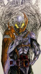  1boy armor asymmetrical_armor beetle black_bodysuit bodysuit bug cape compound_eyes cowboy_shot driver_(kamen_rider) gas_mask giff_(kamen_rider_revice) highres kabuto_genome kamen_rider kamen_rider_revice kamen_rider_vail male_focus mask military military_uniform orange_cape rat0116ebi revice_legacy:kamen_rider_vail rider_belt silver_gloves single_wing tokusatsu tombstone traditional_media uniform vail_driver vistamp wings 