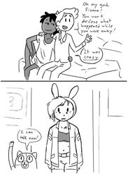  2023 adventure_time bed bedroom black_bra black_clothing black_hair black_underwear bra bruised cake_the_cat cartoon_network clothing dark_body dark_skin dialogue english_description english_text fake_ears fake_rabbit_ears felid feline female fionna_and_cake fionna_the_human_girl fur furniture grey_body grey_skin group hair hand_on_another&#039;s_hip hand_on_another&#039;s_shoulder hand_on_hip hand_on_shoulder human humor jacket looking_at_another male mammal markings marshall_lee messy_hair midriff monochrome navel neck_markings open_mouth prince_gumball raised_arm salemjnurse shirt short_hair sitting speech_bubble speechless standing tears_of_pain text topwear traumatized underwear waterfall_tears white_body white_clothing white_fur white_shirt white_topwear 