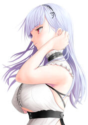  azur_lane backless_outfit breasts center_frills clothing_cutout dido_(azur_lane) female frilled_hairband frills from_side hairband hand_in_own_hair kasu_(kasunohikari) large_breasts long_hair pink_eyes purple_hair simple_background solo standing underboob underboob_cutout upper_body white_background 