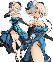  bad_id bad_twitter_id black_horns blue_butterfly breasts bug butterfly butterfly_dress cleavage commentary demon_tail dress female flower goat_horns hair_flower hair_ornament highres horns medium_breasts original rakeemspoon simple_background solo susan_(rakeemspoon) symbol-only_commentary tail white_background yellow_eyes 