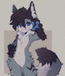  anthro black_body black_ears black_fur black_tail blue_eyes blue_pawpads cute_fangs dragon ear_piercing fur fur_tuft furred_dragon furred_scalie grey_body grey_fur grey_tail hand_on_hip hi_res hip_tuft inner_ear_fluff leg_tuft looking_at_viewer lumikin male multicolored_body multicolored_fur multicolored_tail mythological_creature mythological_scalie mythology pawpads piercing pose scalie solo tail tuft typh 