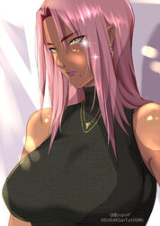  alternate_costume artist_name bad_id bad_pixiv_id black_sweater breasts casual dark-skinned_female dark_skin earrings female from_side gold highres ingrid_(taimanin_murasaki) jewelry kairaku_namakikurage large_breasts long_hair looking_at_viewer mole mole_under_mouth necklace pink_hair sleeveless sleeveless_sweater solo sweater taimanin_(series) taimanin_murasaki upper_body yellow_eyes 