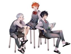  2boys ;) ahoge bad_id bad_pixiv_id black_eyes black_footwear black_hair blush book bow bowtie chair closed_eyes collared_shirt commentary emma_(yakusoku_no_neverland) female flip-flops from_side full_body green_eyes grey_hair grey_skirt grey_vest hahahanon hair_between_eyes hair_over_one_eye highres holding holding_book long_sleeves looking_at_viewer multiple_boys necktie norman_(yakusoku_no_neverland) one_eye_closed open_book orange_hair parted_lips ray_(yakusoku_no_neverland) red_bow red_bowtie red_necktie sandals school_uniform shirt short_hair shorts shorts_under_skirt sitting skirt smile socks table thick_eyebrows transparent_background uniform vest white_legwear white_shirt yakusoku_no_neverland 