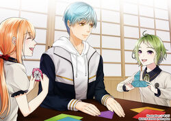  3boys ^_^ aqua_hair blonde_hair bow closed_eyes collared_shirt commentary_request green_hair hairbow hood hoodie ichigo_hitofuri kanameyura male_focus midare_toushirou mouri_toushirou multiple_boys official_art open_mouth origami paper ponytail purple_eyes shirt sliding_doors smile table touken_ranbu yellow_eyes 