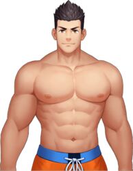  1boy abs artist_request bad_source bara brown_hair cowboy_shot game_model gyee large_pectorals lee_(gyee) male_focus muscular muscular_male navel nipples official_art orange_eyes orange_shorts pectorals short_hair shorts smile solo stomach tachi-e topless_male transparent_background 