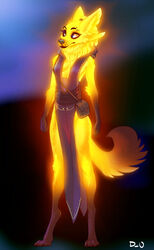  2022 abstract_background anthro bag barefoot black_nose breasts canid canine cleavage clothed clothing discreet_user dress eyebrow_piercing facial_piercing feet female fox fur fyre_fox glowing glowing_body hi_res mammal multi_ear mylar_(discreet_user) piercing purse small_breasts solo yellow_body yellow_fur 