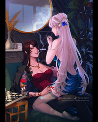  2girls artist_name beidou_(genshin_impact) bishop_(chess) blue_flower blue_nails blue_rose breasts brown_hair chess_piece chessboard cigarette cleavage eyepatch flower genshin_impact hair_flower hair_ornament highres holding holding_chess_piece instagram_logo instagram_username long_hair mirror multiple_girls nail_polish ningguang_(genshin_impact) rose sitting smoke smoking tattoo thuy_t. tiktok_logo tiktok_username twitter_logo twitter_username vase watch white_hair wristwatch yuri 