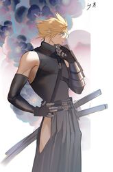  1boy aqua_eyes armor bad_id bad_twitter_id belt black_gloves black_hakama black_shirt blonde_hair cloud_strife cloud_strife_(murasame) cowboy_shot final_fantasy final_fantasy_vii final_fantasy_vii_ever_crisis final_fantasy_vii_remake floral_background gloves hair_between_eyes hakama hand_on_own_face hand_on_own_hip high_collar highres hip_vent japanese_armor japanese_clothes katana looking_to_the_side male_focus multiple_belts official_alternate_costume profile shirt short_hair single_bare_shoulder sleeveless sleeveless_shirt solo spiked_hair sword weapon xianyu314 