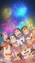  6+boys :d animal_ears bara bare_pectorals belly black_hair blush brown_hair chest_hair dog_boy dog_ears facial_hair fireworks forked_eyebrows furry furry_male glasses group_picture highres hood houzouin_oniwaka long_sideburns male_focus moritaka_(housamo) motoori_shiro multiple_boys muscular muscular_male navel nipples open_clothes open_mouth open_shirt orange_hair pectorals plump pout protagonist_3_(housamo) rimless_eyewear shirt short_hair sideburns smile stomach stubble suv_(suv032) takabushi_kengo tank_top thick_eyebrows thumbs_up tokyo_afterschool_summoners toned toned_male undercut v white_shirt white_tank_top yakushimaru_ryota 