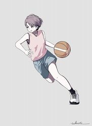  artist_name ball basketball basketball_(object) brown_hair female hair_ornament hairclip highres jersey original playing_sports shoes short_hair shorts signature simple_background sneakers takimoto_nao 