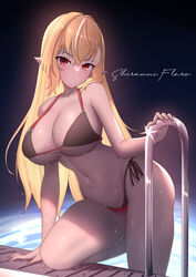  absurdres bikini black_bikini blonde_hair breasts bu_li character_name cleavage commentary_request dark-skinned_female dark_elf dark_skin elf female hair_between_eyes highres hololive large_breasts long_hair looking_at_viewer multicolored_hair navel pointy_ears pool pool_ladder red_eyes shiranui_flare side-tie_bikini_bottom solo streaked_hair swimsuit virtual_youtuber water wet wet_hair white_hair 