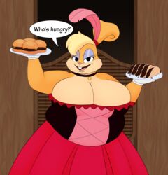  absurd_res anthro big_breasts black_eyes blonde_hair breasts buckteeth burger choker clothing digital_media_(artwork) dr._chaos eyeshadow feathers female food fur glistening_eyelids gloves hair half-closed_eyes handwear hi_res holding_food holding_object jewelry lagomorph leporid lola_bunny looking_at_viewer looney_tunes makeup mammal narrowed_eyes necklace open_mouth overweight overweight_anthro overweight_female plate rabbit solo speech_bubble taco tan_body tan_fur teeth text tongue warner_brothers 