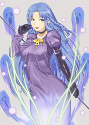  absurdres asymmetrical_sleeves black_gloves blue_eyes blue_hair braid breasts commentary_request dress elbow_gloves fate/stay_night fate_(series) female ghost gloves grey_background highres holding holding_staff large_breasts lipstick long_dress long_hair looking_at_viewer magic makeup medea_(fate) open_mouth photoshop_(medium) pointy_ears puffy_short_sleeves puffy_sleeves purple_dress purple_lips short_sleeves side_braid solo staff stock-world uneven_sleeves very_long_hair 