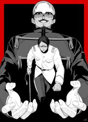  2boys absurdres commentary_request dark-skinned_male dark_skin facial_hair forehead_protector goatee golden_kamuy greyscale grin highres imperial_japanese_army koito_otonoshin male_focus military military_uniform monochrome moustache multiple_boys rapier smile spot_color sword tocky tsurumi_tokushirou uniform weapon 