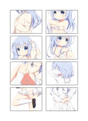  absurdres blue_eyes blue_hair chestnut_mouth dressing female gochuumon_wa_usagi_desu_ka? hair_between_eyes hair_ornament hairclip highres kafuu_chino light_blue_hair long_hair looking_at_viewer open_mouth rabbit-hinata school_uniform x_hair_ornament 