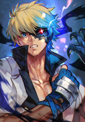  1boy aura black_sclera blue_background blue_eyes claws collarbone colored_sclera dragon_install fingerless_gloves gloves glowing glowing_eye guilty_gear guilty_gear_strive hair_between_eyes heterochromia hungry_clicker jacket ky_kiske lightning male_focus multicolored_hair open_mouth pectoral_cleavage pectorals red_eyes shiny short_hair solo upper_body white_jacket 