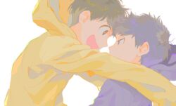  2boys :d backlighting brothers brown_hair close-up covered_mouth eye_contact face-to-face glomp half-closed_eyes happy hood hood_up hoodie hug long_sleeves looking_at_another male_focus matsuno_ichimatsu matsuno_jyushimatsu multiple_boys open_mouth osomatsu-kun osomatsu-san osomatsu_(series) outstretched_arms pale_color purple_eyes purple_hoodie qqmng siblings sideways_mouth simple_background smile upper_body white_background yellow_hoodie 