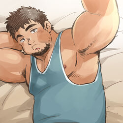  1boy armpit_hair armpits bara bare_arms belly biceps blue_tank_top brown_eyes brown_hair facial_hair goatee looking_at_viewer male_focus muscular muscular_male nipple_slip nipples on_bed original pectorals plump selfie short_hair sidepec solo stubble suv_(suv032) tank_top thick_eyebrows upper_body 