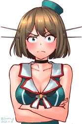  black_choker blue_eyes blue_hat blush bob_cut breasts brown_hair choker cleavage commentary_request constricted_pupils dated female hair_ornament hat headgear izumikuma kantai_collection large_breasts looking_at_viewer maya_(kancolle) maya_kai_ni_(kancolle) raised_eyebrow sanpaku short_hair simple_background sleeveless solo twitter_username upper_body white_background x_hair_ornament 