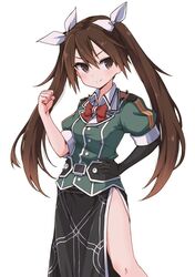  aki_inu bow bowtie brown_hair commentary_request contrapposto elbow_gloves feet_out_of_frame female gloves hair_between_eyes hair_ribbon hand_on_own_hip kantai_collection long_hair pelvic_curtain red_bow red_bowtie ribbon side_slit simple_background single_elbow_glove solo standing tone_(kancolle) tone_kai_ni_(kancolle) twintails white_background white_ribbon 