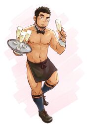  1boy apron bara beard black_apron black_hair blush bow bowtie bulge cup detached_collar drinking_glass facial_hair full_body holding holding_cup holding_tray leg_hair legwear_garter looking_at_viewer male_focus mature_male navel navel_hair nipples original pectorals raised_eyebrow short_hair solo stomach suv_(suv032) thick_thighs thighs toned toned_male topless_male tray waist_apron waiter white_background wine_glass wrist_cuffs 