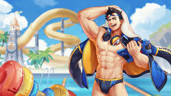  1boy abs artist_request bad_source bara bare_pectorals biceps blue_jacket blue_male_swimwear blue_sky brown_hair bulge goggles goggles_on_head gyee headphones headphones_around_neck highres jacket jacket_on_shoulders large_pectorals lee_(gyee) male_focus male_swimwear muscular muscular_male navel nipples official_alternate_costume official_art official_wallpaper orange_eyes outdoors pectorals pool short_hair sky solo stomach swim_briefs thighs towel towel_on_head water water_slide wet 